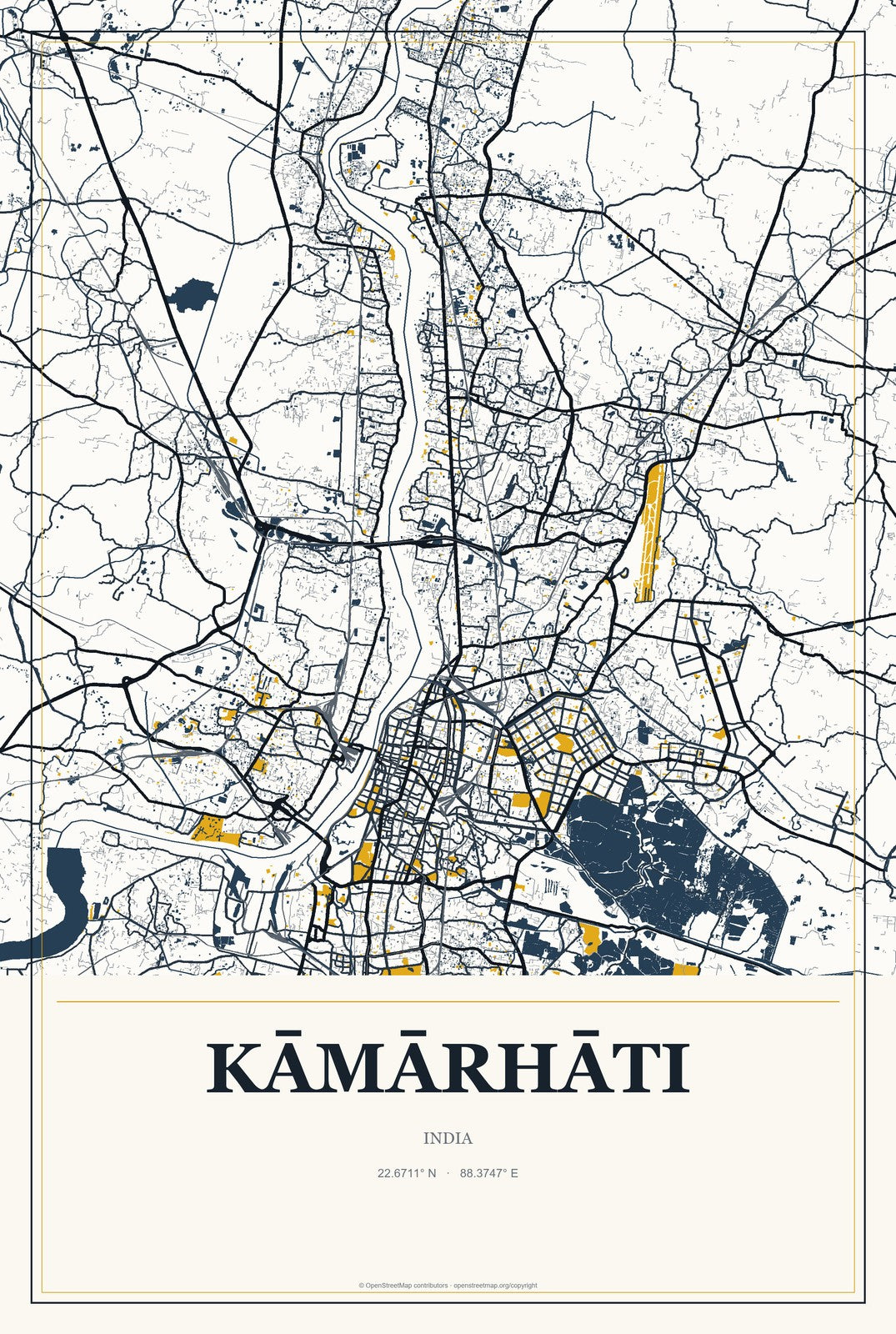 Kāmārhāti, India City Map Aluminum Sign in Citrine Modern style