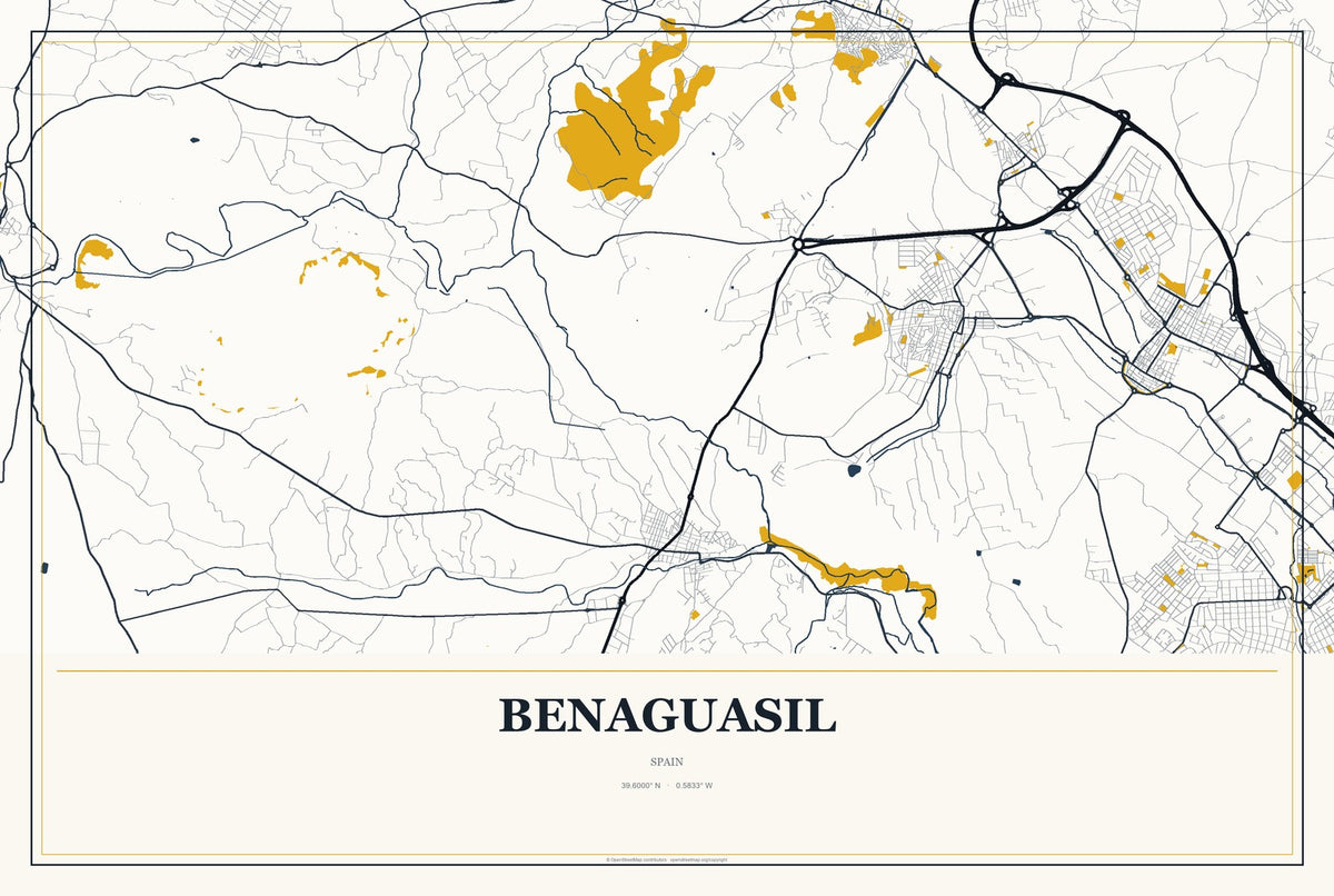 Benaguasil, Spain City Map Aluminum Sign in Citrine Modern style