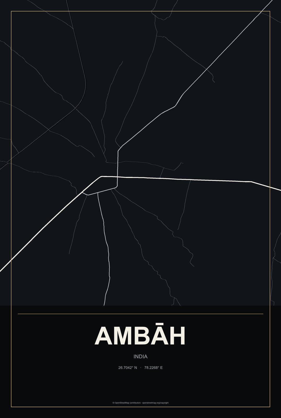 Ambāh, India City Map Aluminum Sign in Metropolitan Noir style