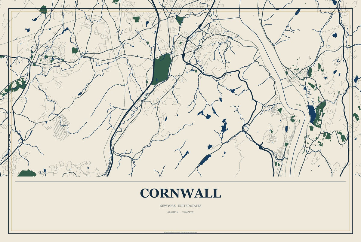 Cornwall, New York City Map Aluminum Sign in Coastal Cutout style