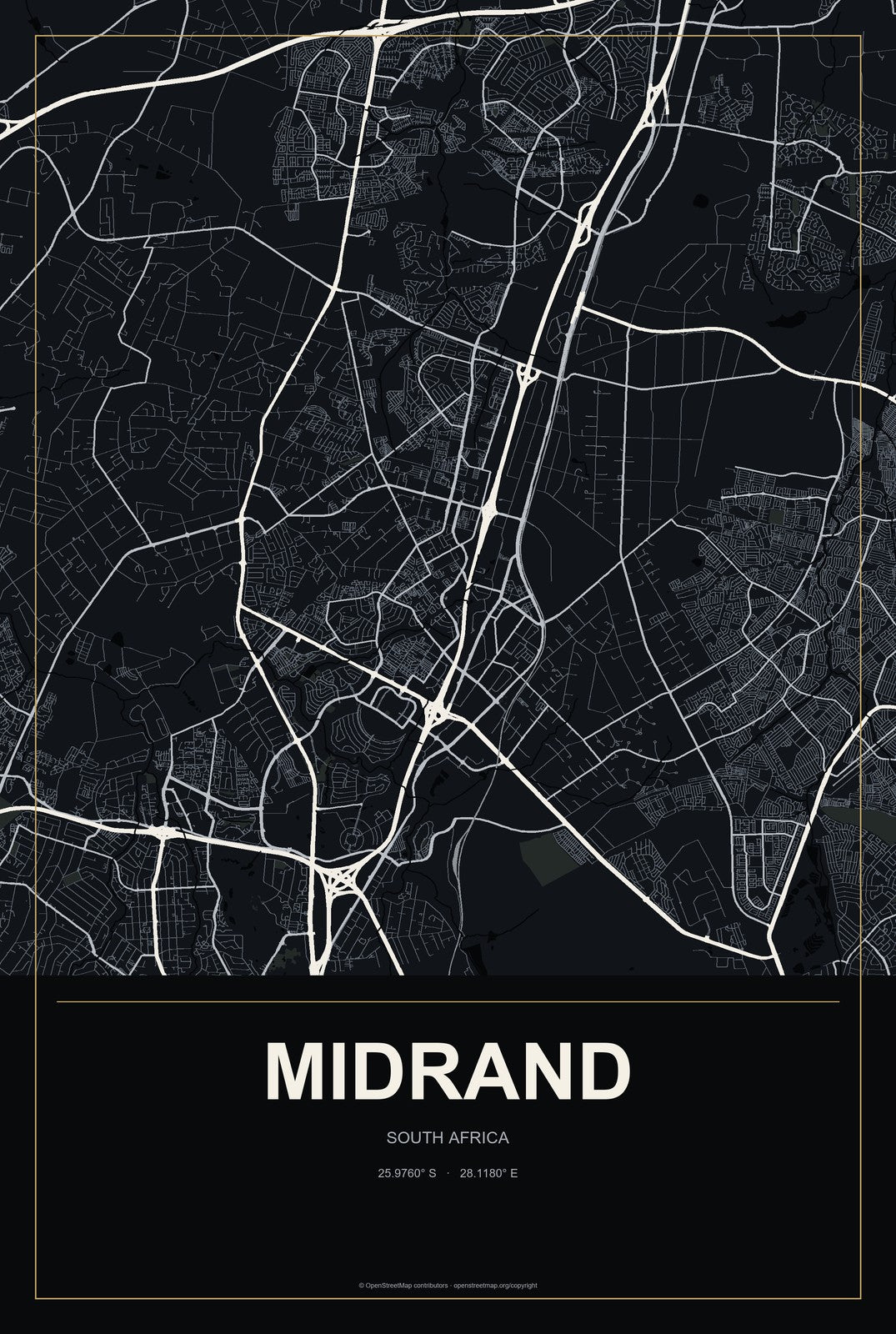 Midrand, South Africa City Map Aluminum Sign in Metropolitan Noir style