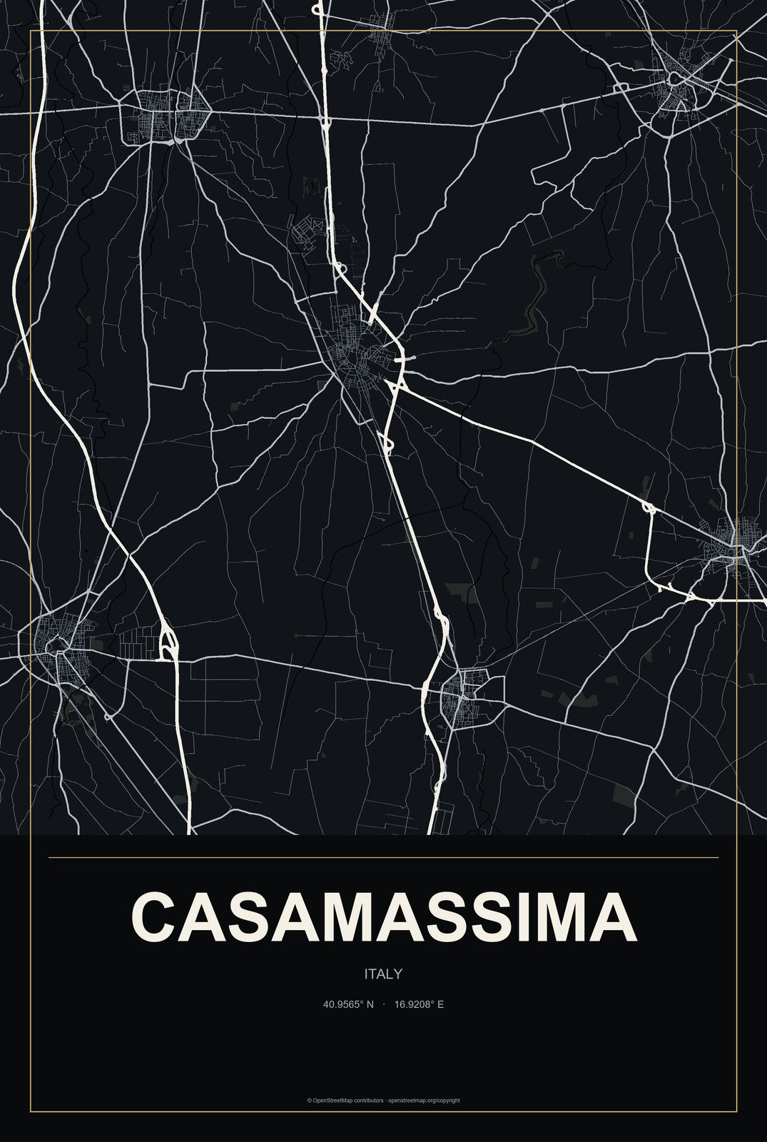 Casamassima, Italy City Map Aluminum Sign in Metropolitan Noir style