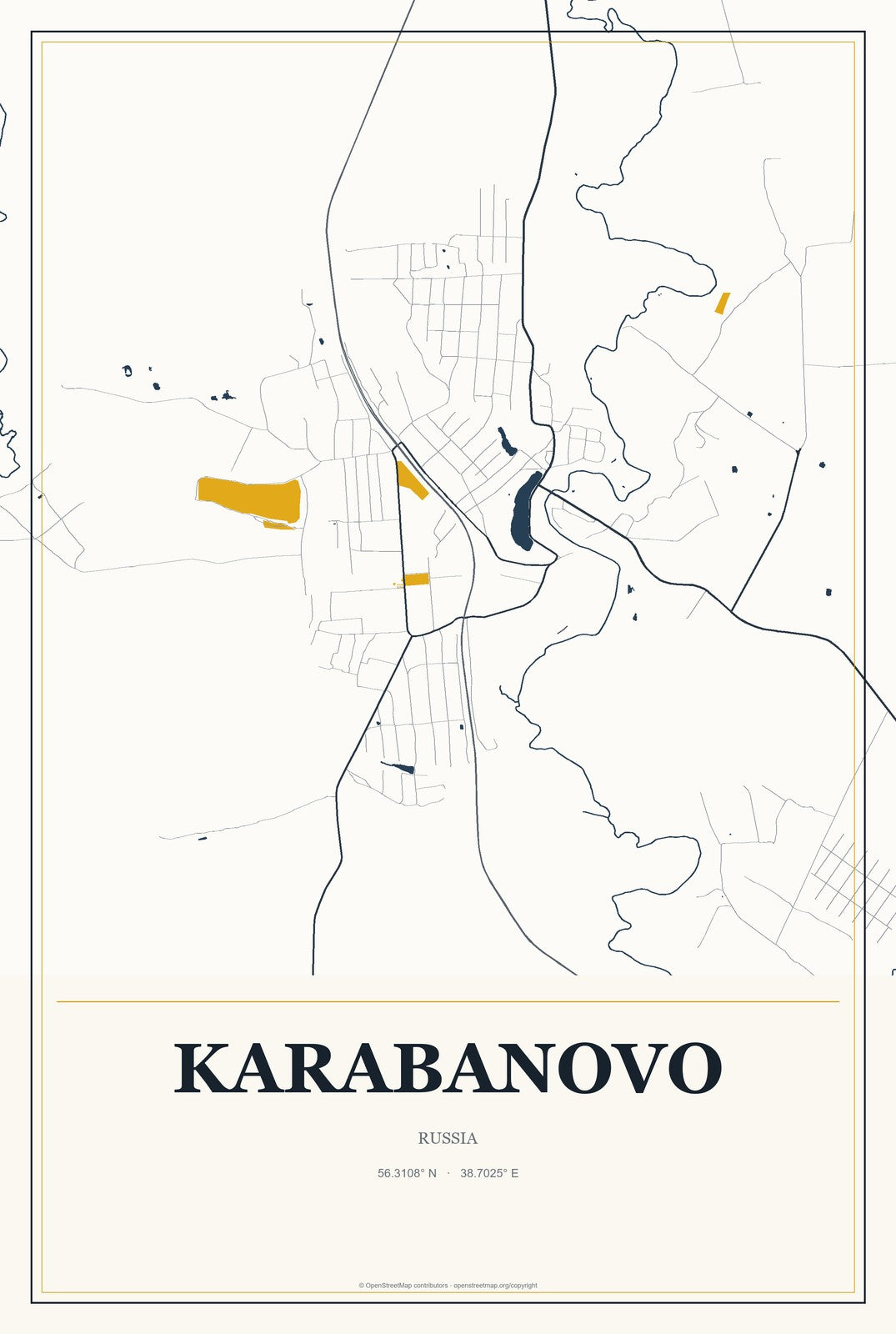 Karabanovo, Russia City Map Aluminum Sign in Citrine Modern style