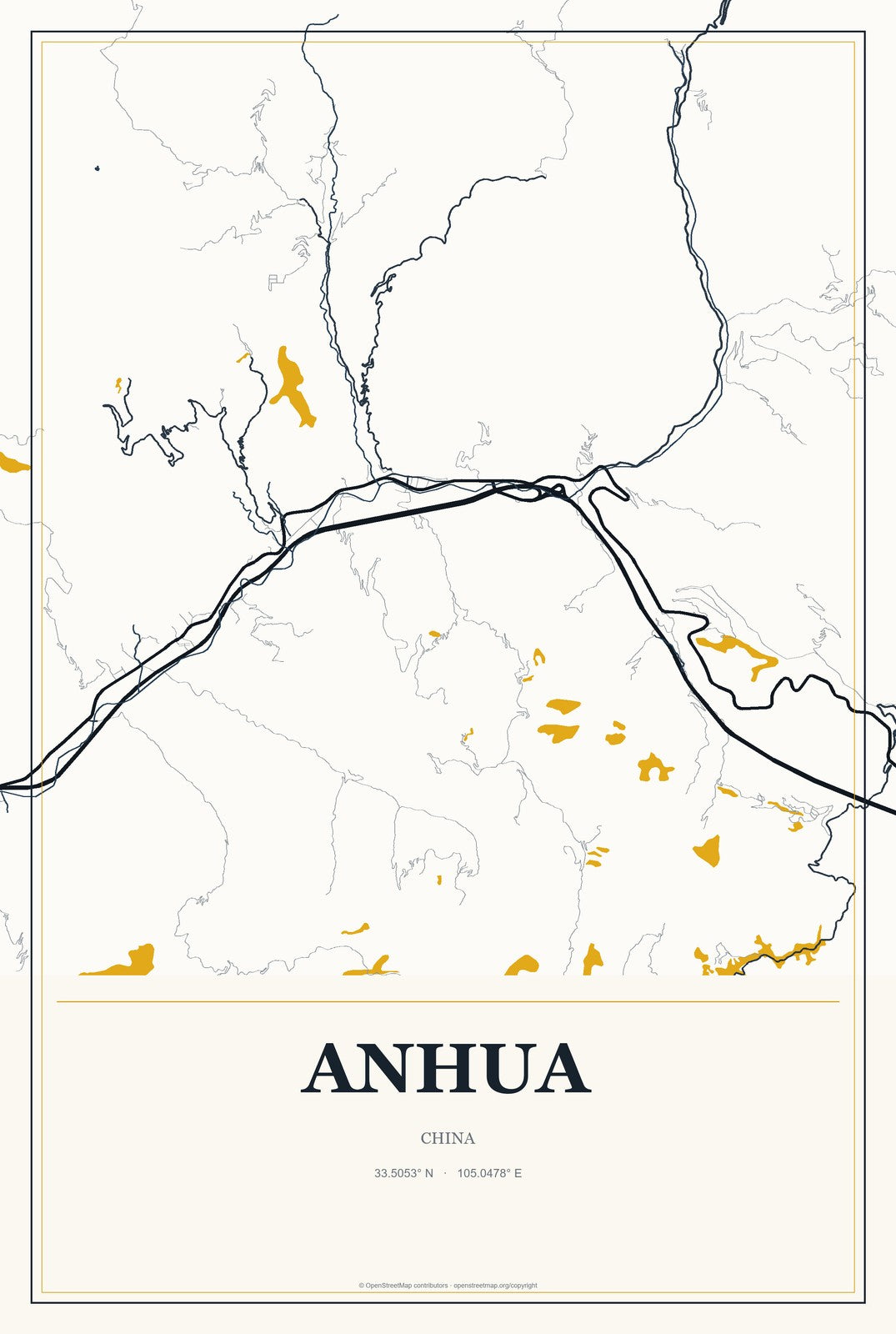 Anhua, China City Map Aluminum Sign in Citrine Modern style