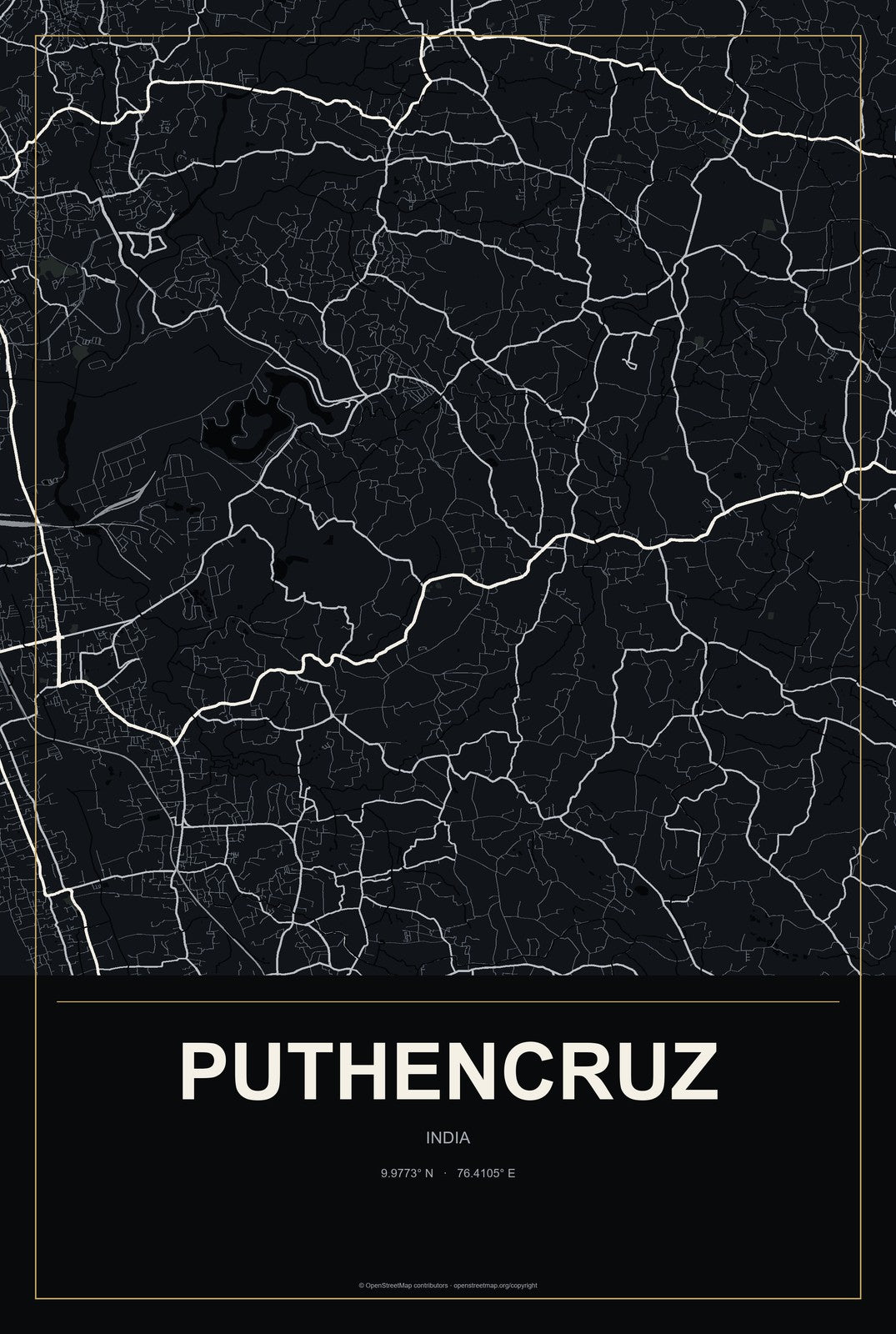 Puthencruz, India City Map Aluminum Sign in Metropolitan Noir style