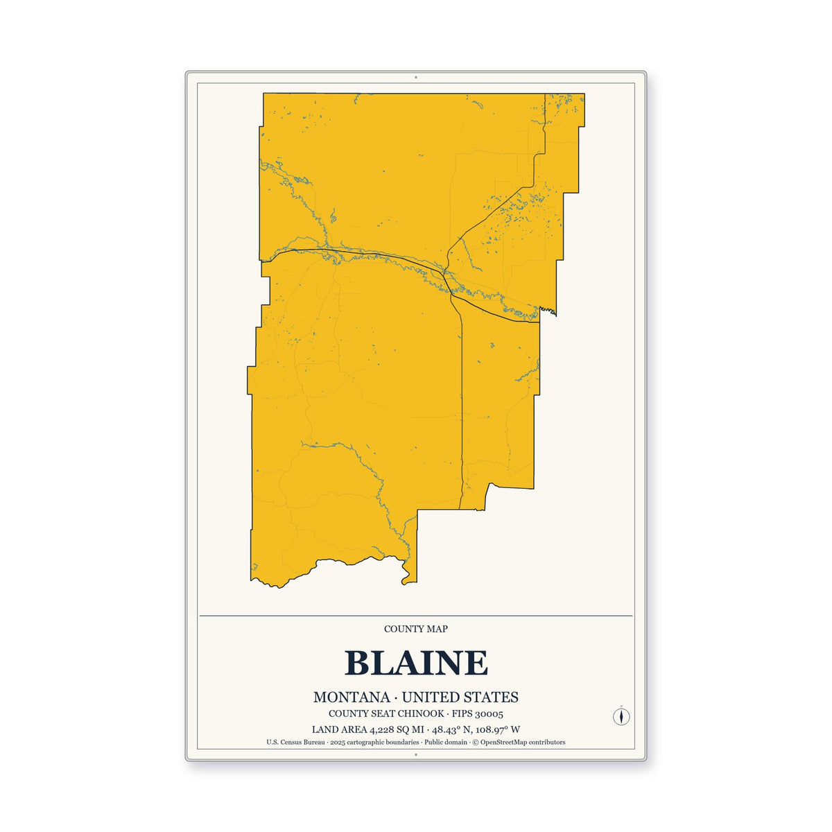 Blaine County, Montana Map Aluminum Sign in Citrine Modern style
