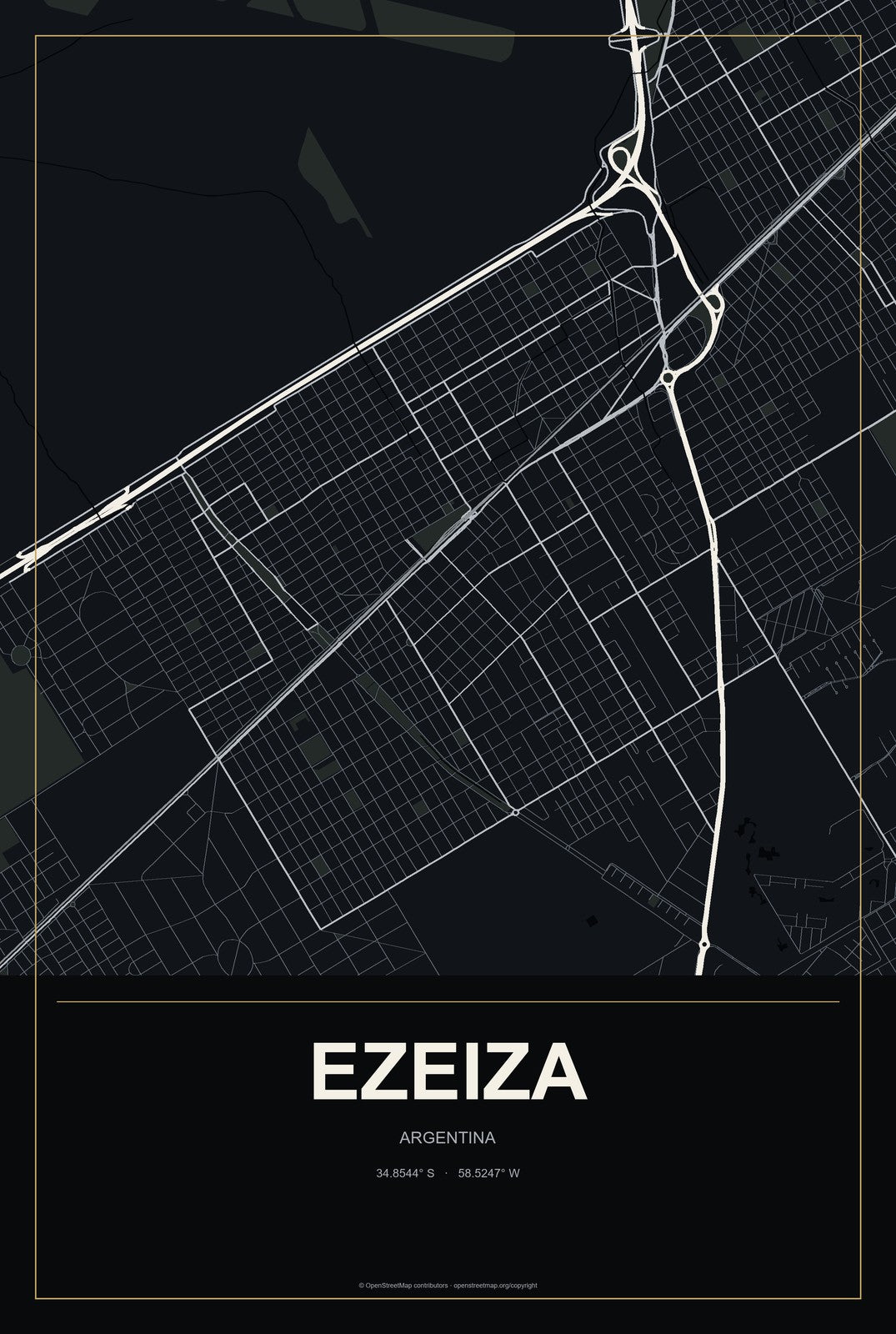 Ezeiza, Argentina City Map Aluminum Sign in Metropolitan Noir style