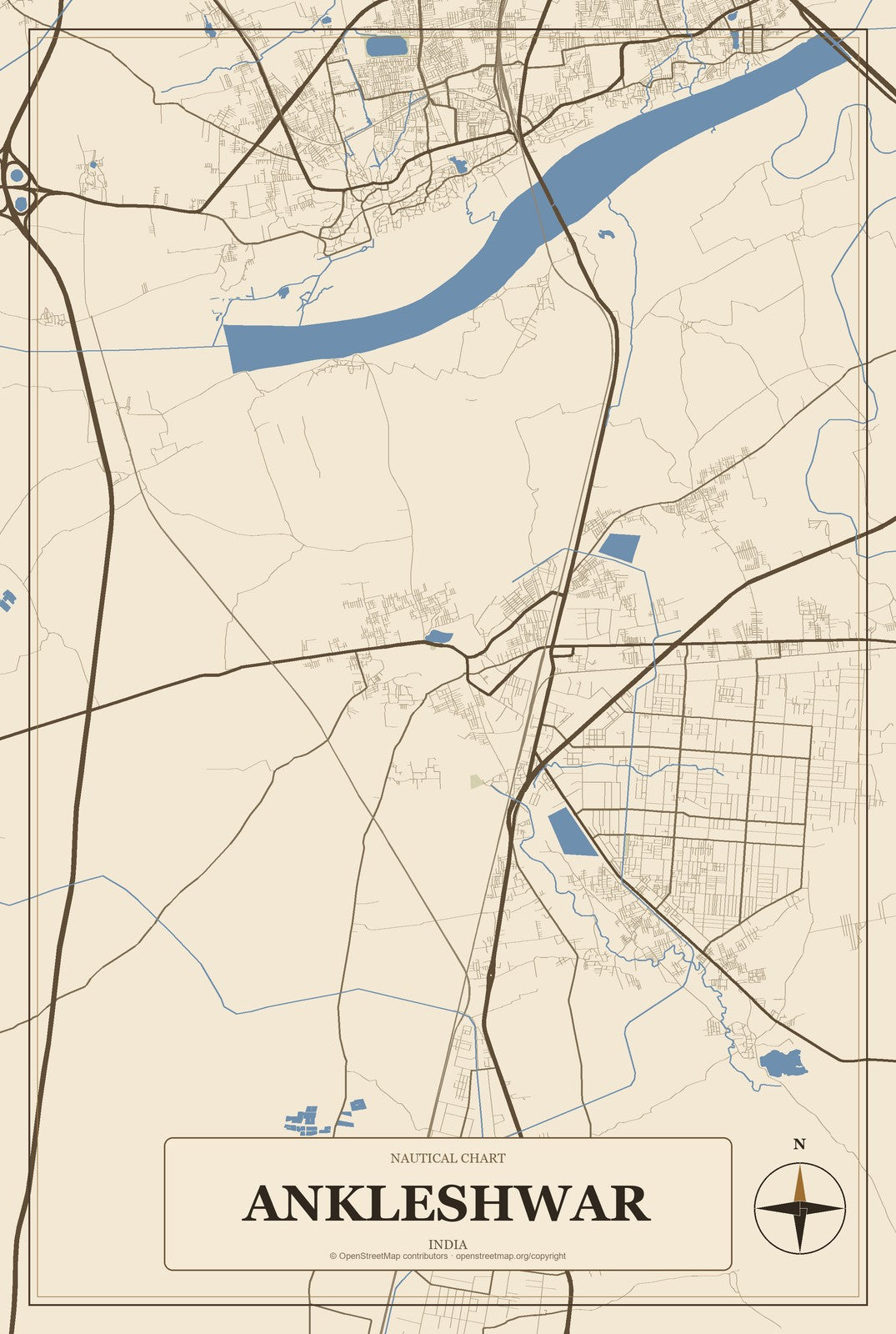Ankleshwar, India City Map Aluminum Sign in Heritage Nautical style