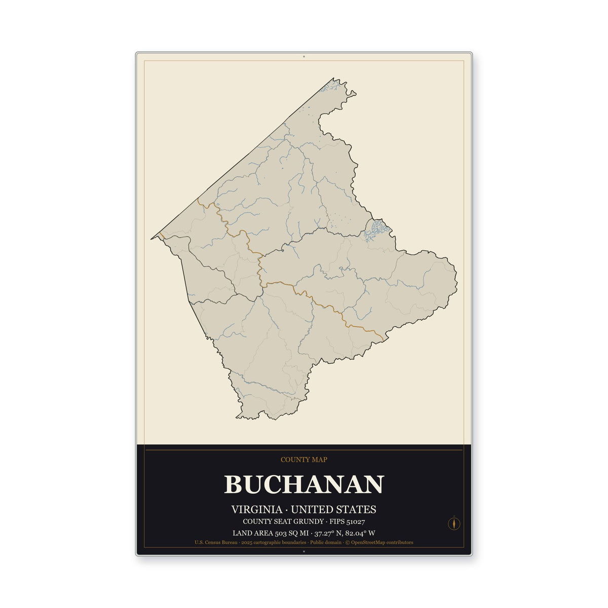 Buchanan County, Virginia Map Aluminum Sign in Museum Plaque style