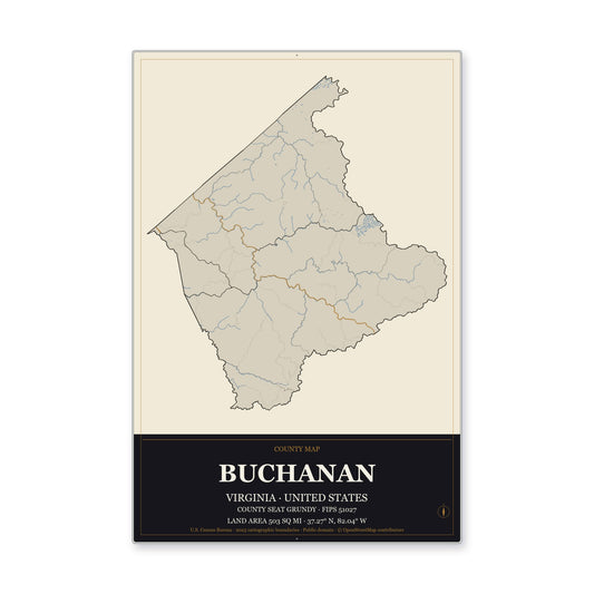 Buchanan County, Virginia Map Aluminum Sign in Museum Plaque style