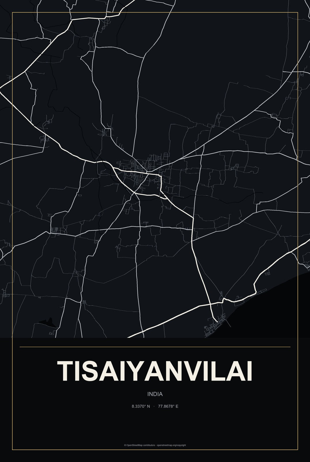 Tisaiyanvilai, India City Map Aluminum Sign in Metropolitan Noir style