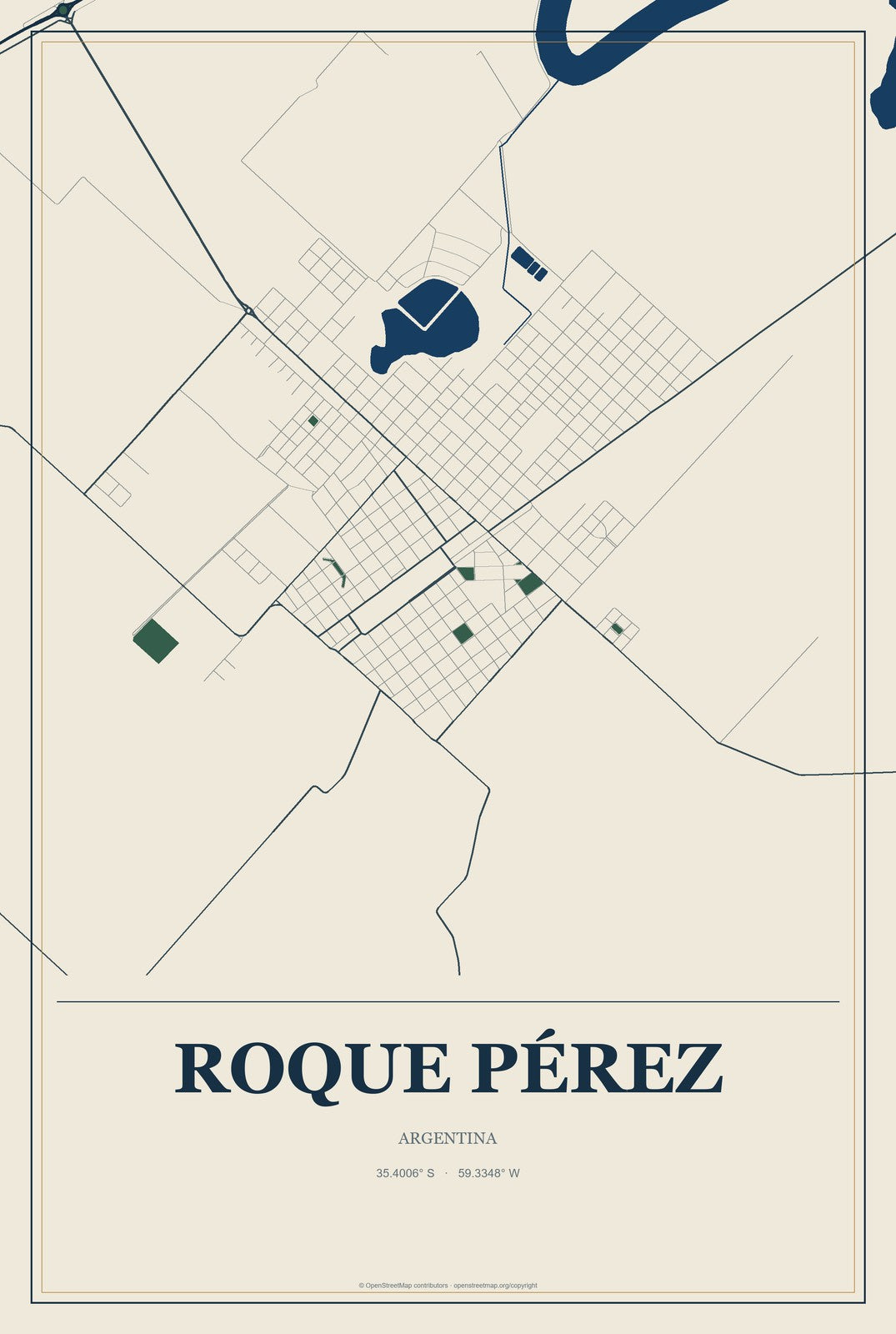 Roque Pérez, Argentina City Map Aluminum Sign in Coastal Cutout style