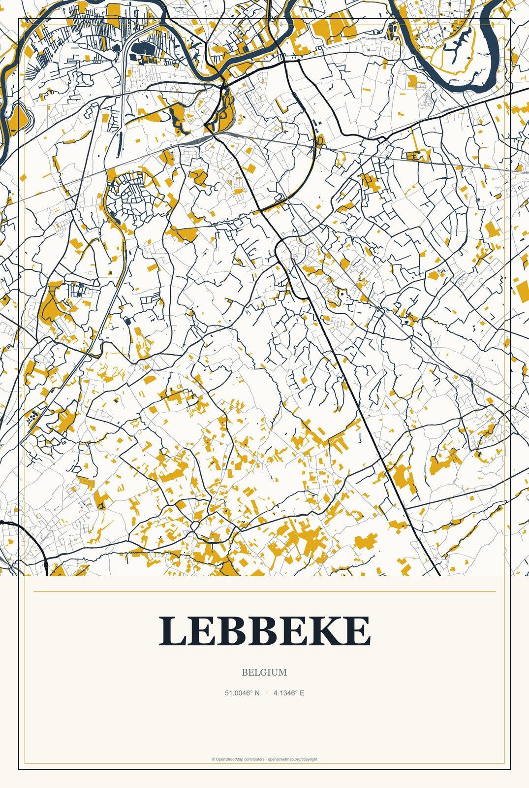 Lebbeke, Belgium City Map Aluminum Sign in Citrine Modern style