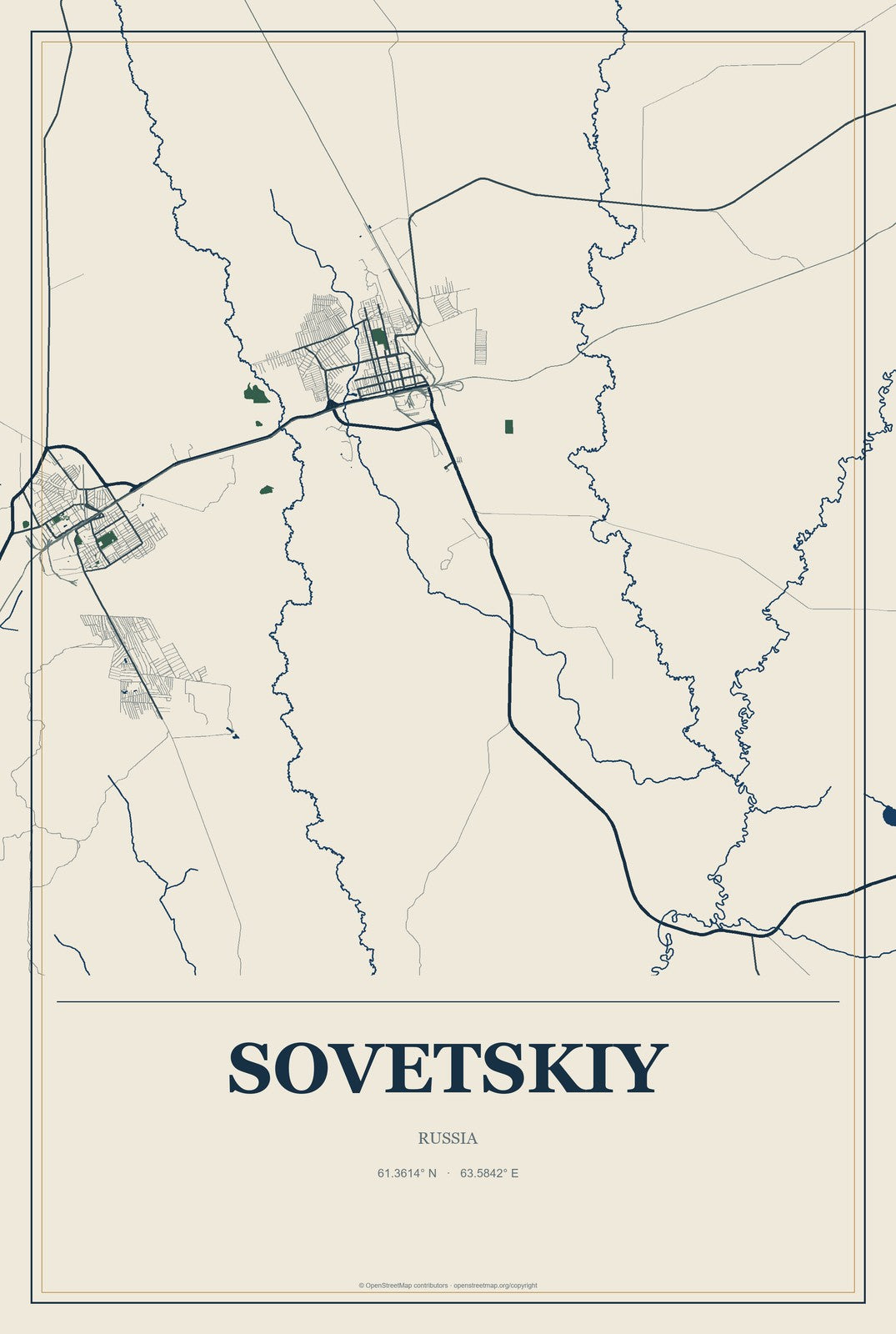 Sovetskiy, Khanty-Mansia, Russia City Map Aluminum Sign in Coastal Cutout style