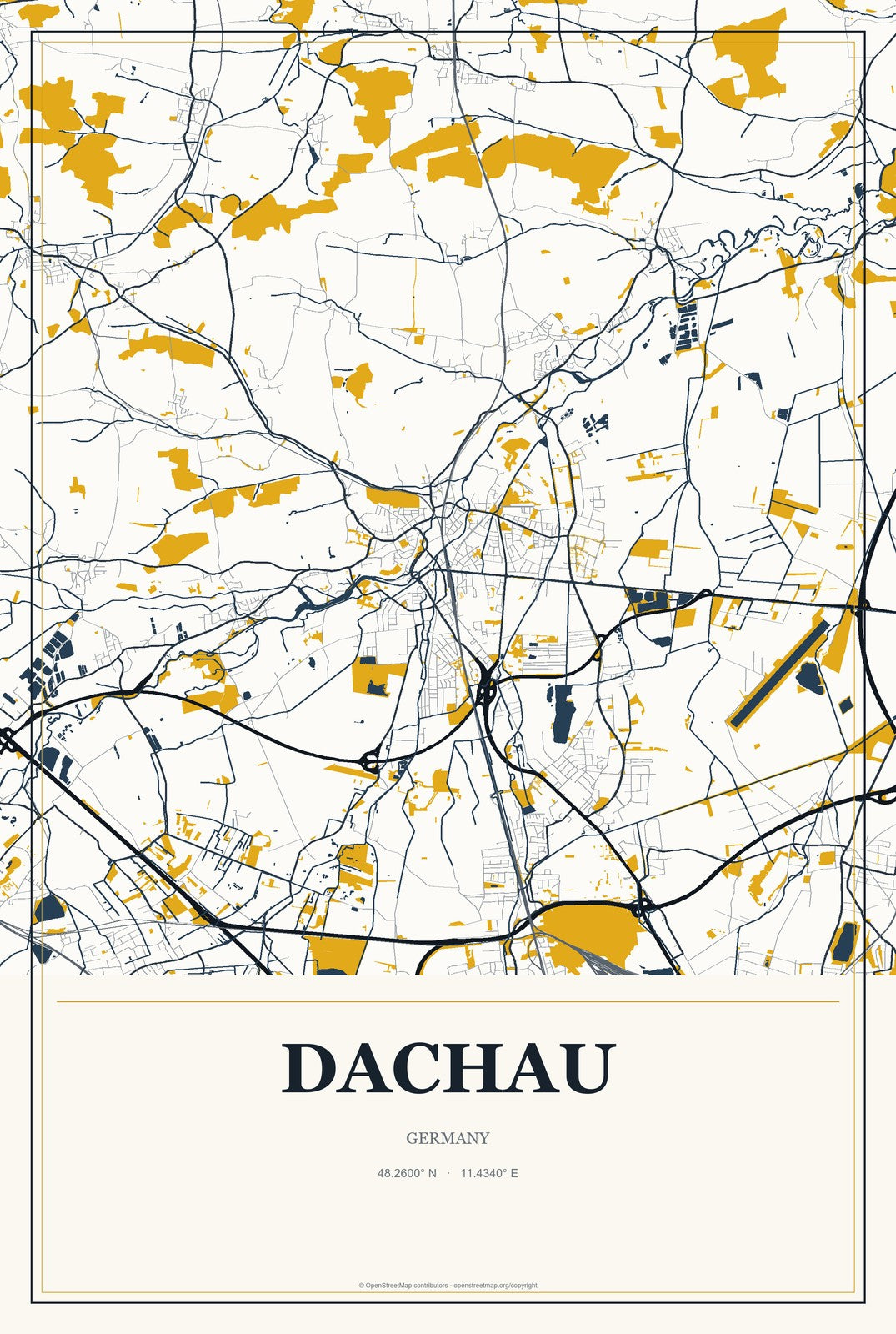 Dachau, Germany City Map Aluminum Sign in Citrine Modern style