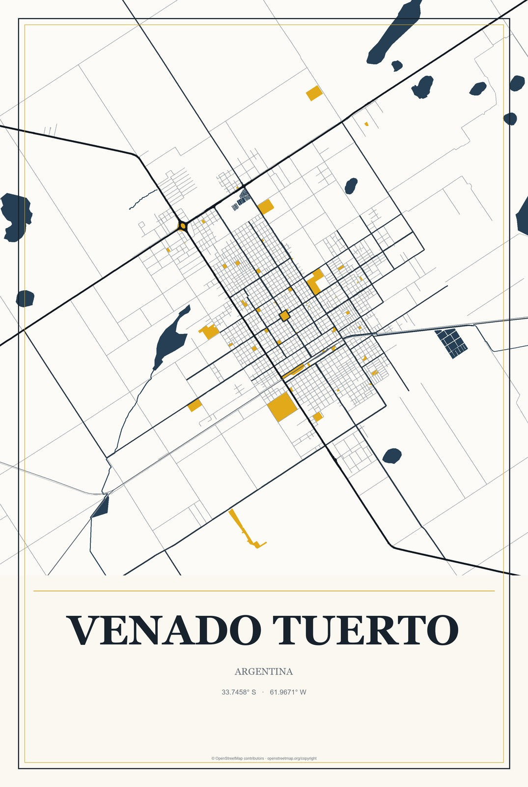 Venado Tuerto, Argentina City Map Aluminum Sign in Citrine Modern style