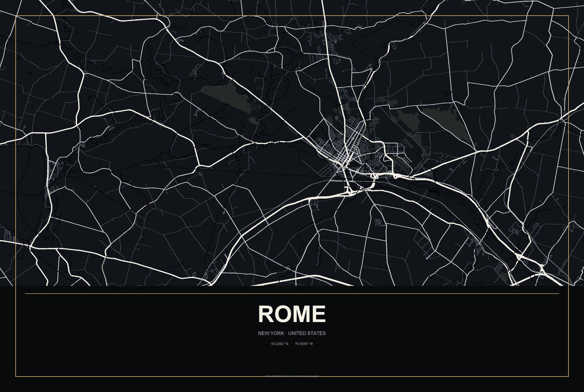 Rome, New York City Map Aluminum Sign in Metropolitan Noir style