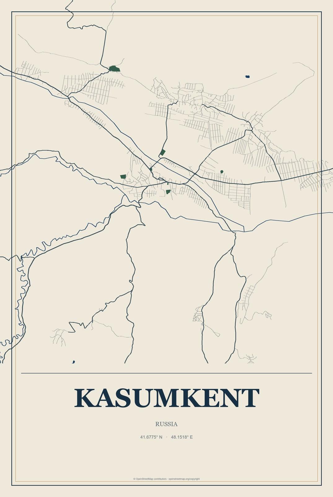 Kasumkent, Russia City Map Aluminum Sign in Coastal Cutout style
