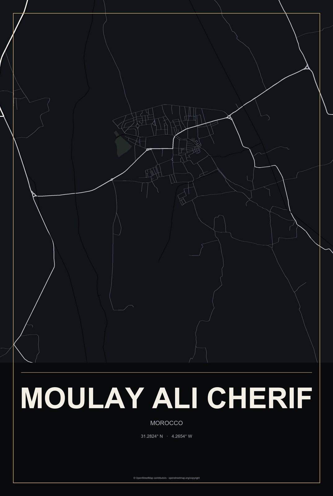 Moulay Ali Cherif, Morocco City Map Aluminum Sign in Metropolitan Noir style