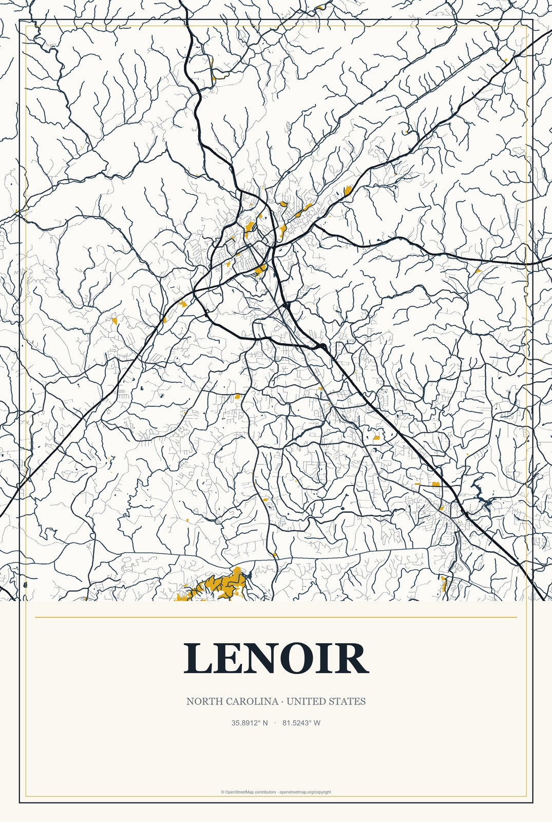 Lenoir, North Carolina City Map Aluminum Sign in Citrine Modern style