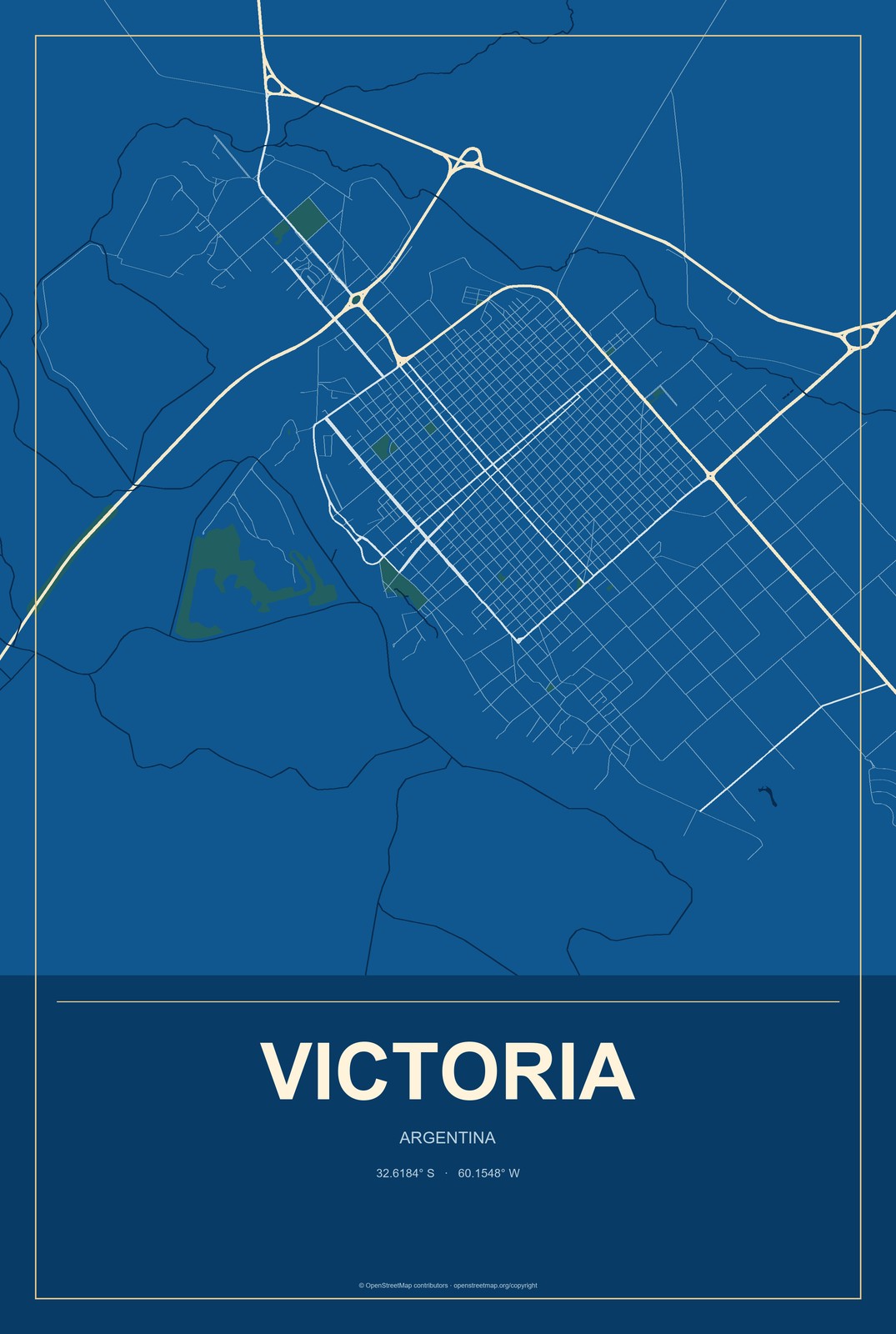 Victoria, Argentina City Map Aluminum Sign in Harbor Cobalt style