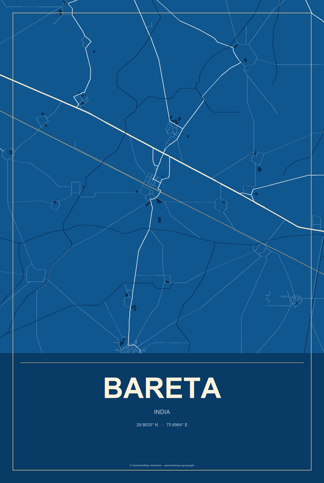 Bareta, India City Map Aluminum Sign in Harbor Cobalt style