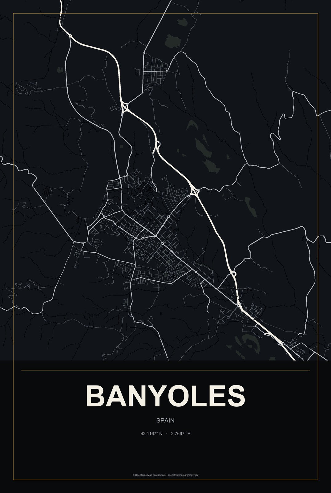 Banyoles, Spain City Map Aluminum Sign in Metropolitan Noir style