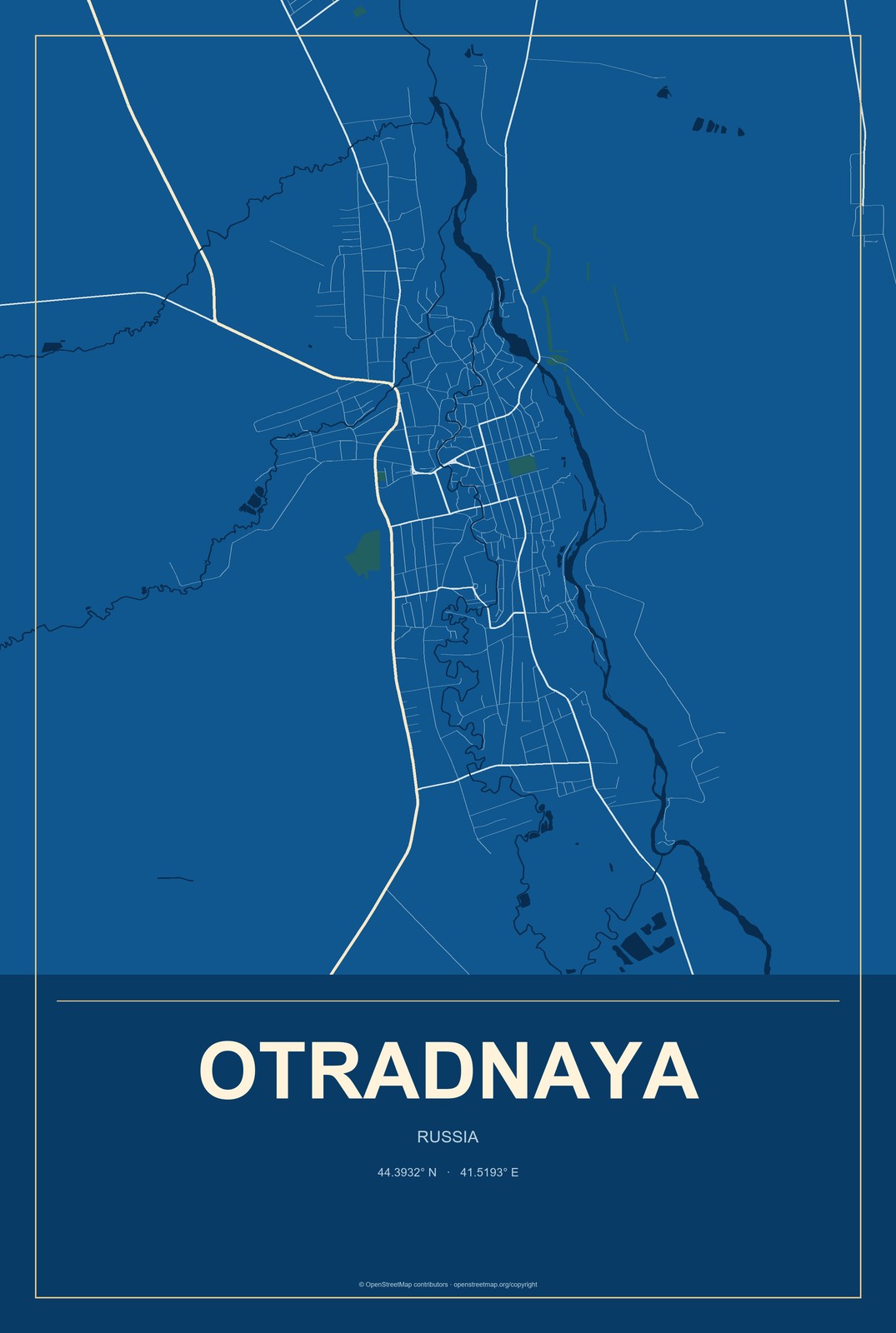 Otradnaya, Russia City Map Aluminum Sign in Harbor Cobalt style