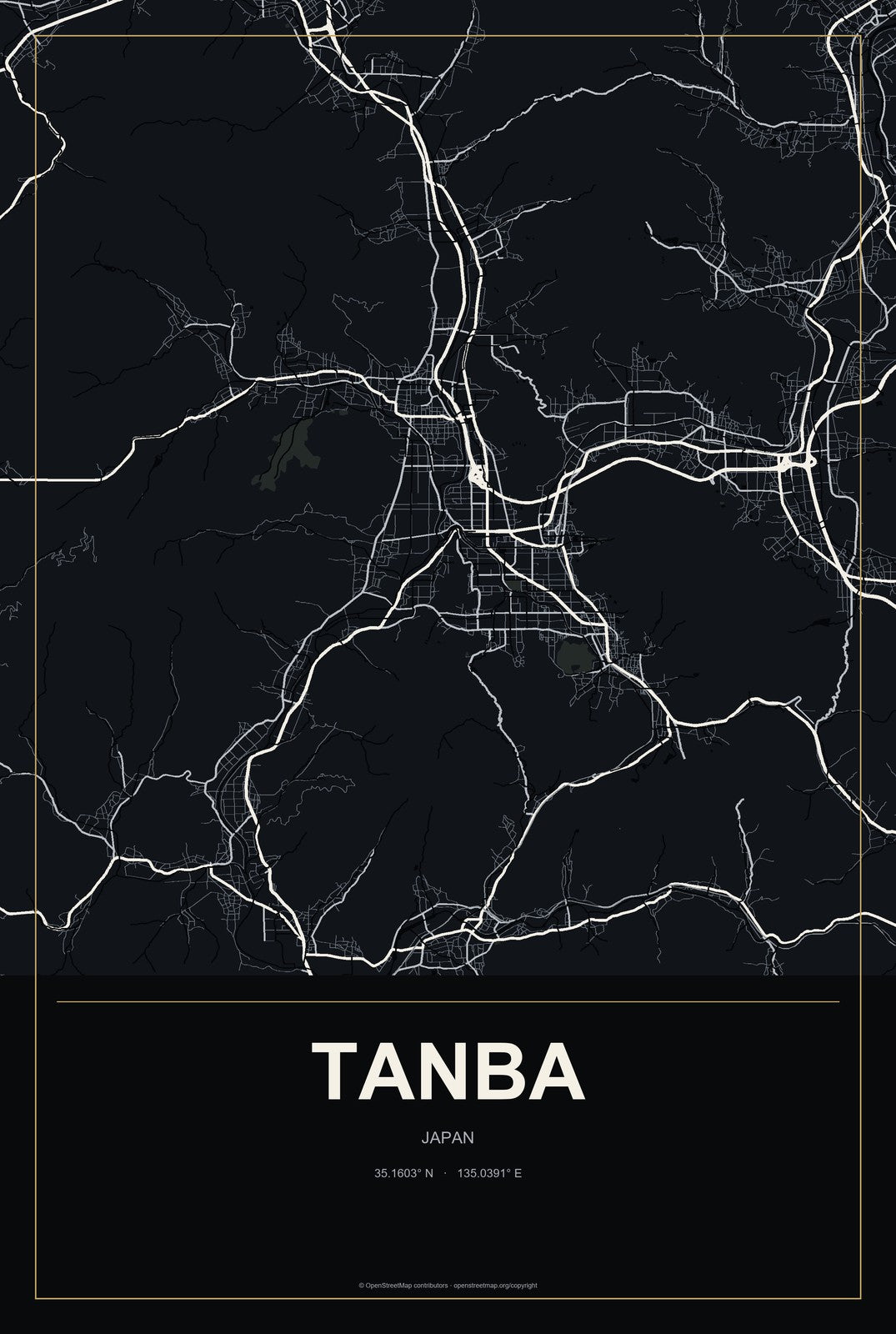 Tanba, Japan City Map Aluminum Sign in Metropolitan Noir style