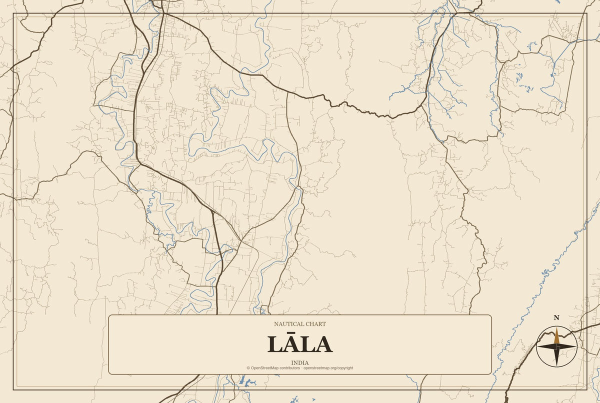 Lāla, India City Map Aluminum Sign in Heritage Nautical style