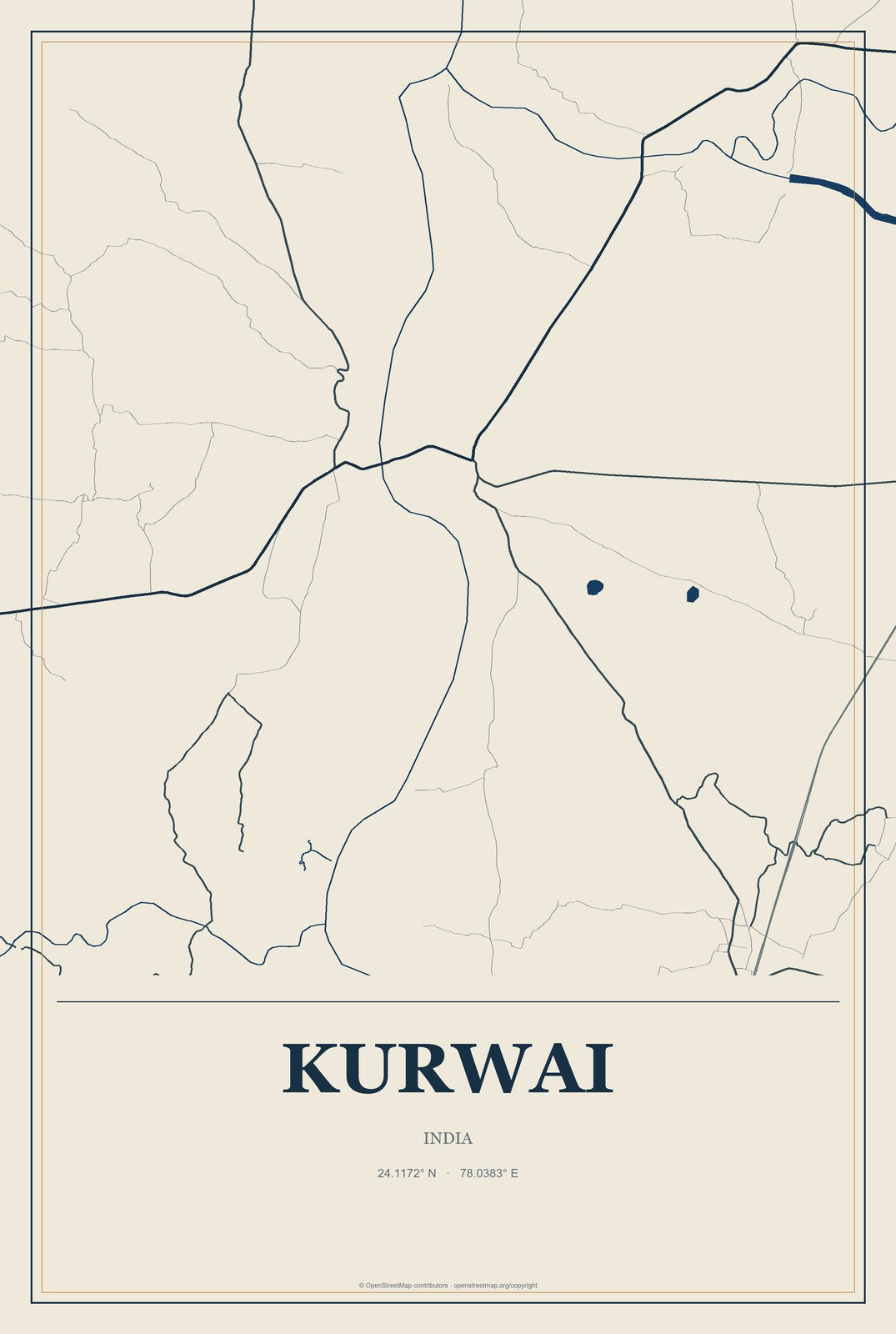 Kurwai, India City Map Aluminum Sign in Coastal Cutout style