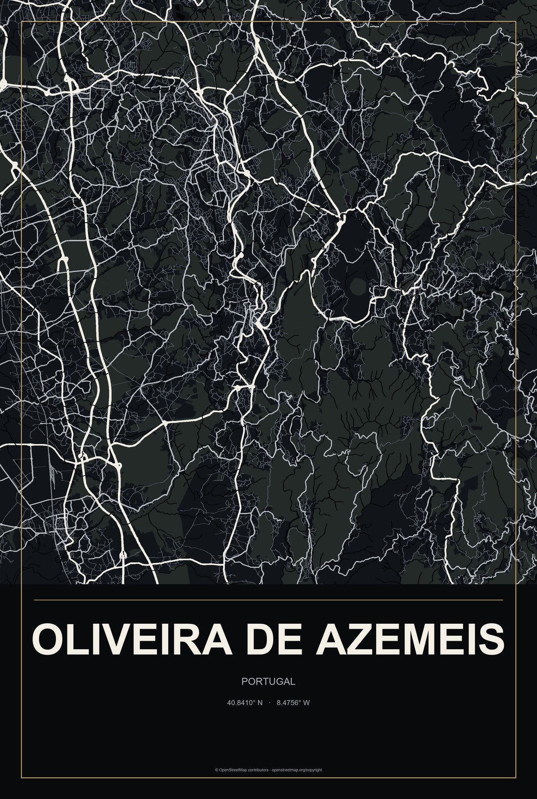 Oliveira de Azemeis, Portugal City Map Aluminum Sign in Metropolitan Noir style