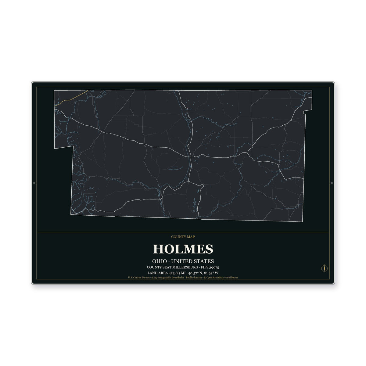 Holmes County, Ohio Map Aluminum Sign in Metropolitan Noir style