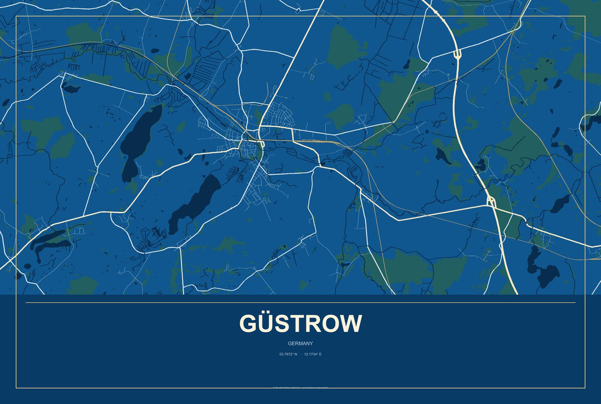 Güstrow, Germany City Map Aluminum Sign in Harbor Cobalt style