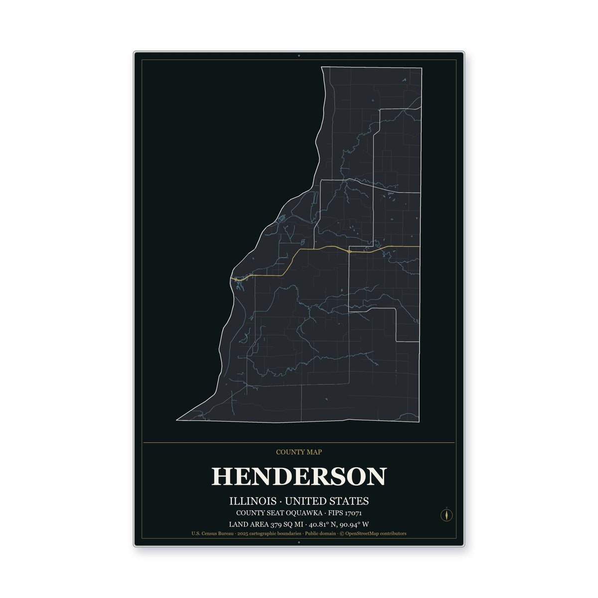Henderson County, Illinois Map Aluminum Sign in Metropolitan Noir style