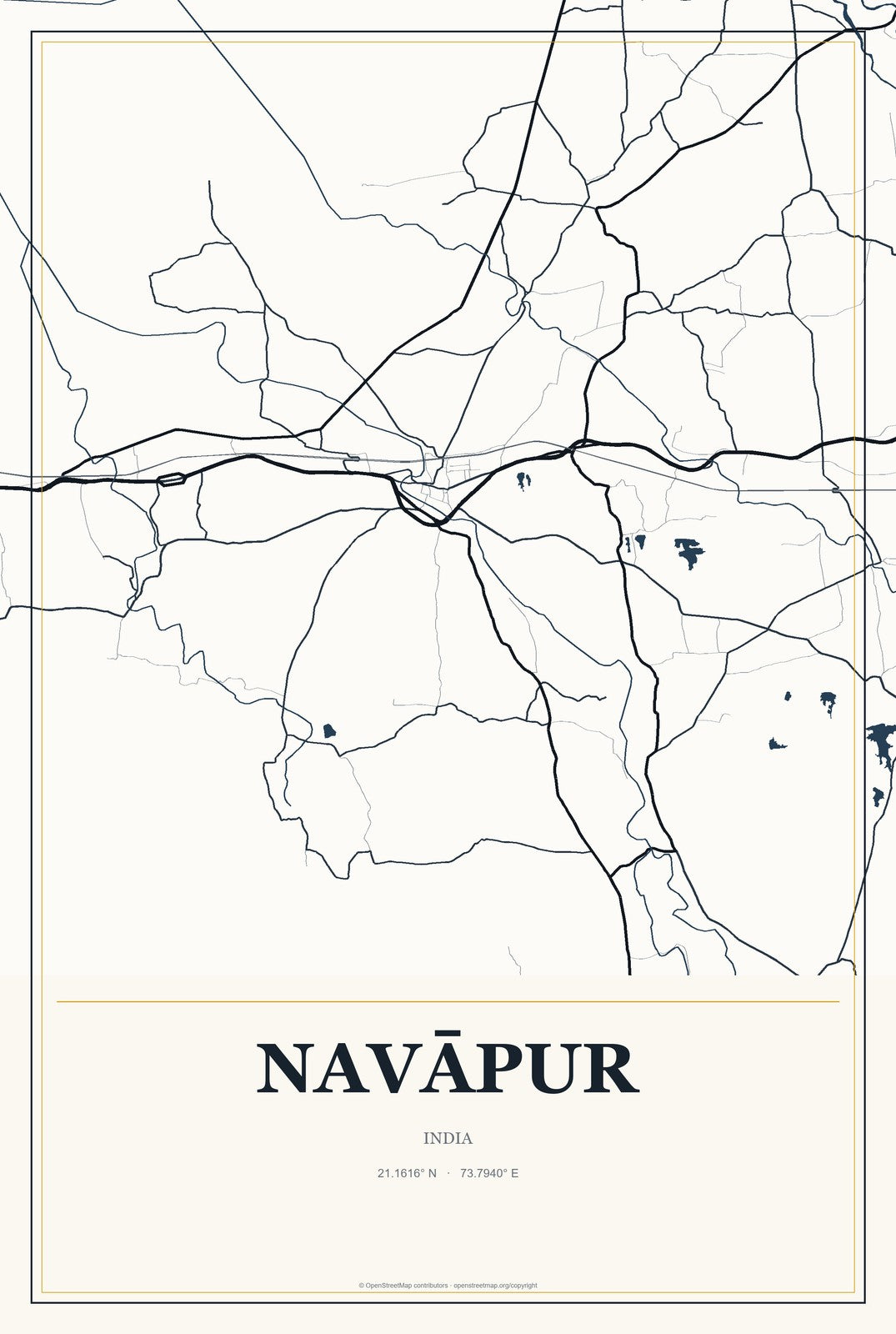 Navāpur, India City Map Aluminum Sign in Citrine Modern style