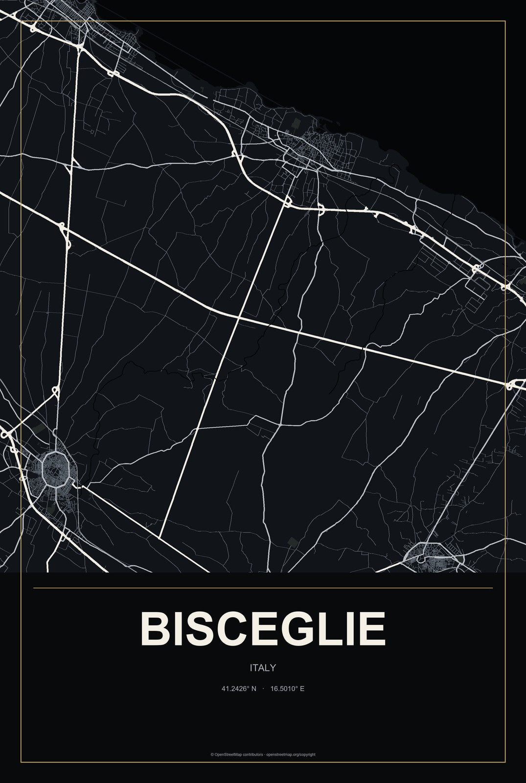 Bisceglie, Italy City Map Aluminum Sign in Metropolitan Noir style