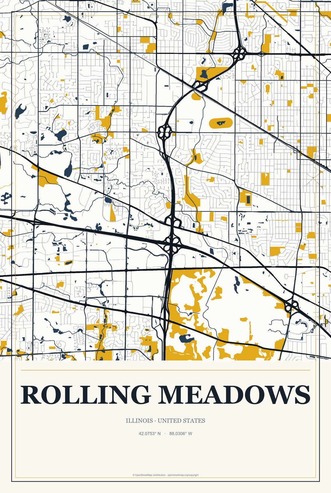 Rolling Meadows, Illinois City Map Aluminum Sign in Citrine Modern style