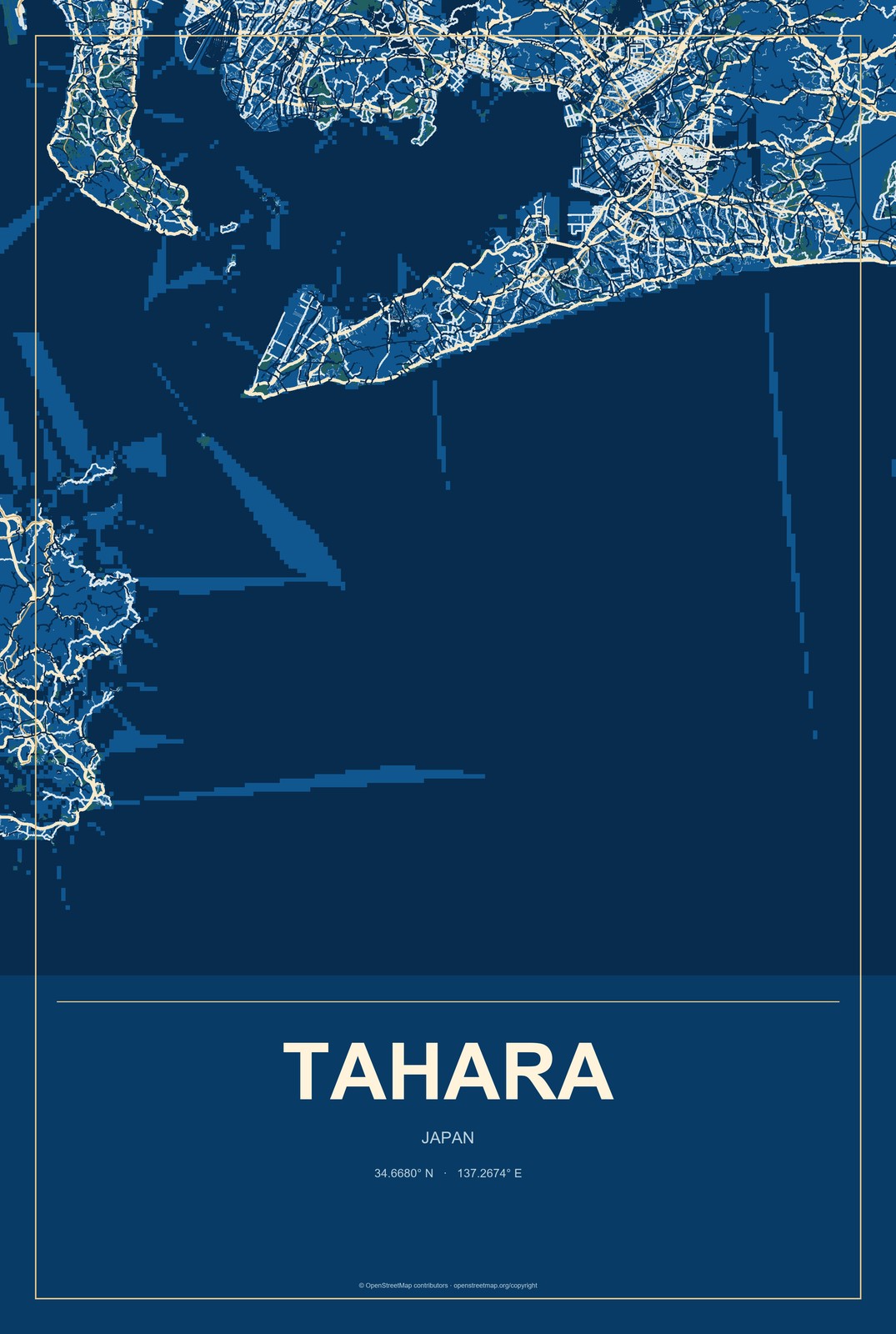 Tahara, Japan City Map Aluminum Sign in Harbor Cobalt style