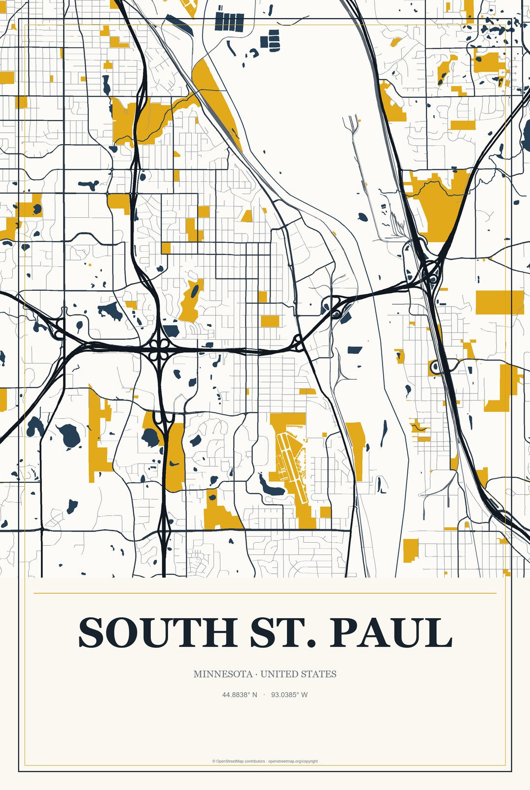 South St. Paul, Minnesota City Map Aluminum Sign in Citrine Modern style