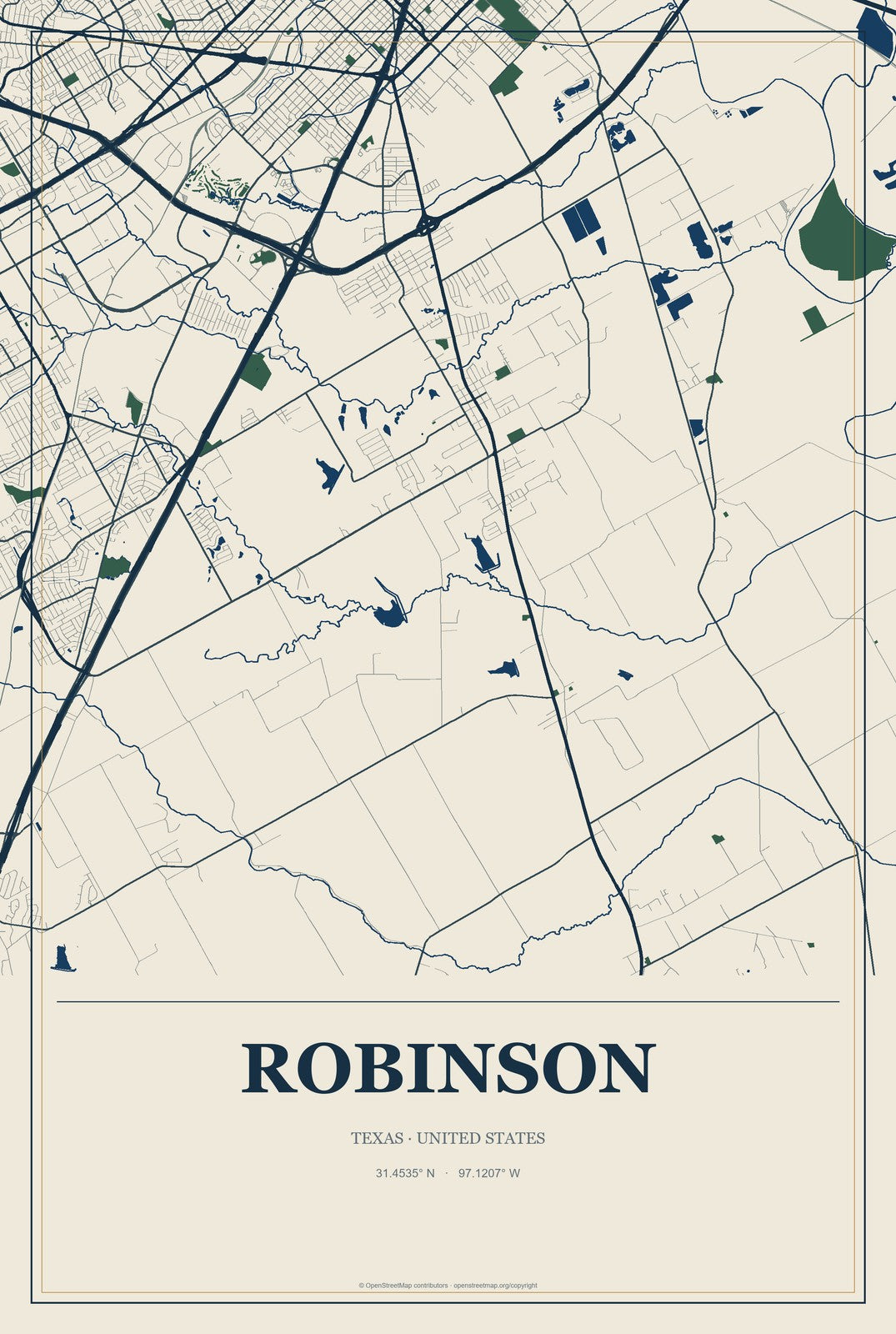 Robinson, Texas City Map Aluminum Sign in Coastal Cutout style