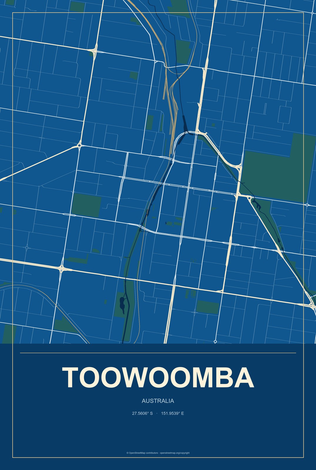 Toowoomba, Australia City Map Aluminum Sign in Harbor Cobalt style