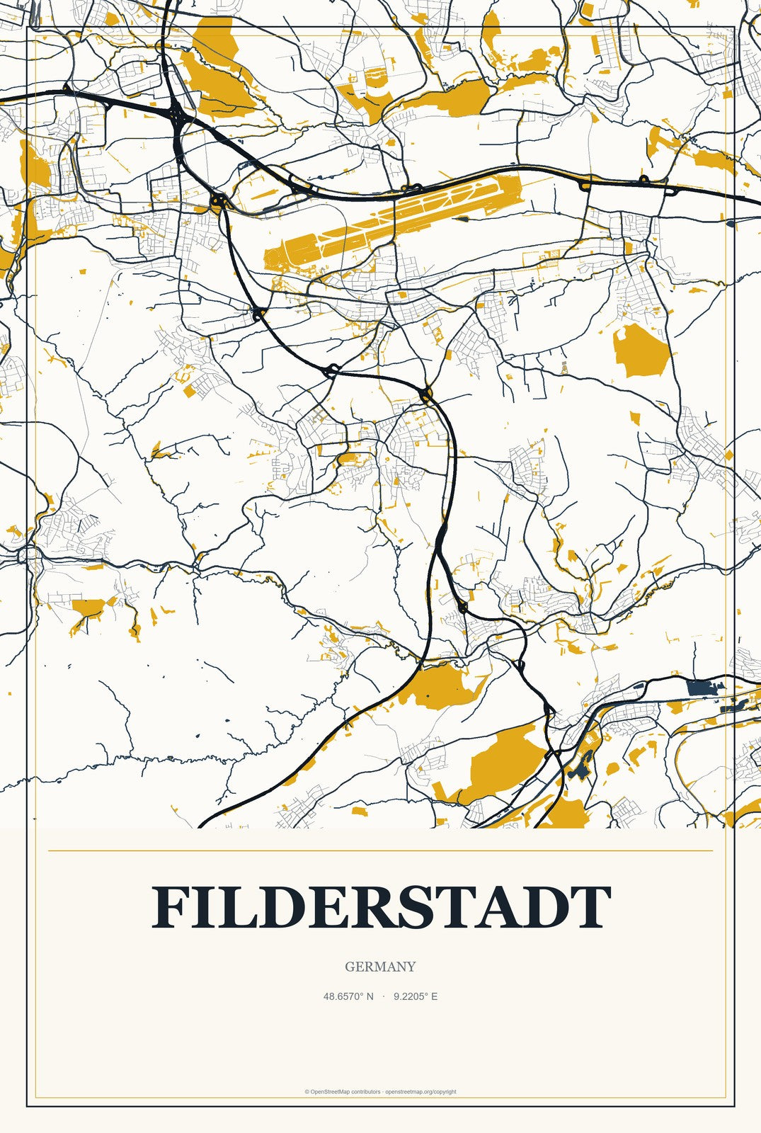 Filderstadt, Germany City Map Aluminum Sign in Citrine Modern style