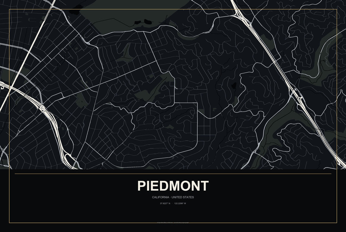 Piedmont, California City Map Aluminum Sign in Metropolitan Noir style