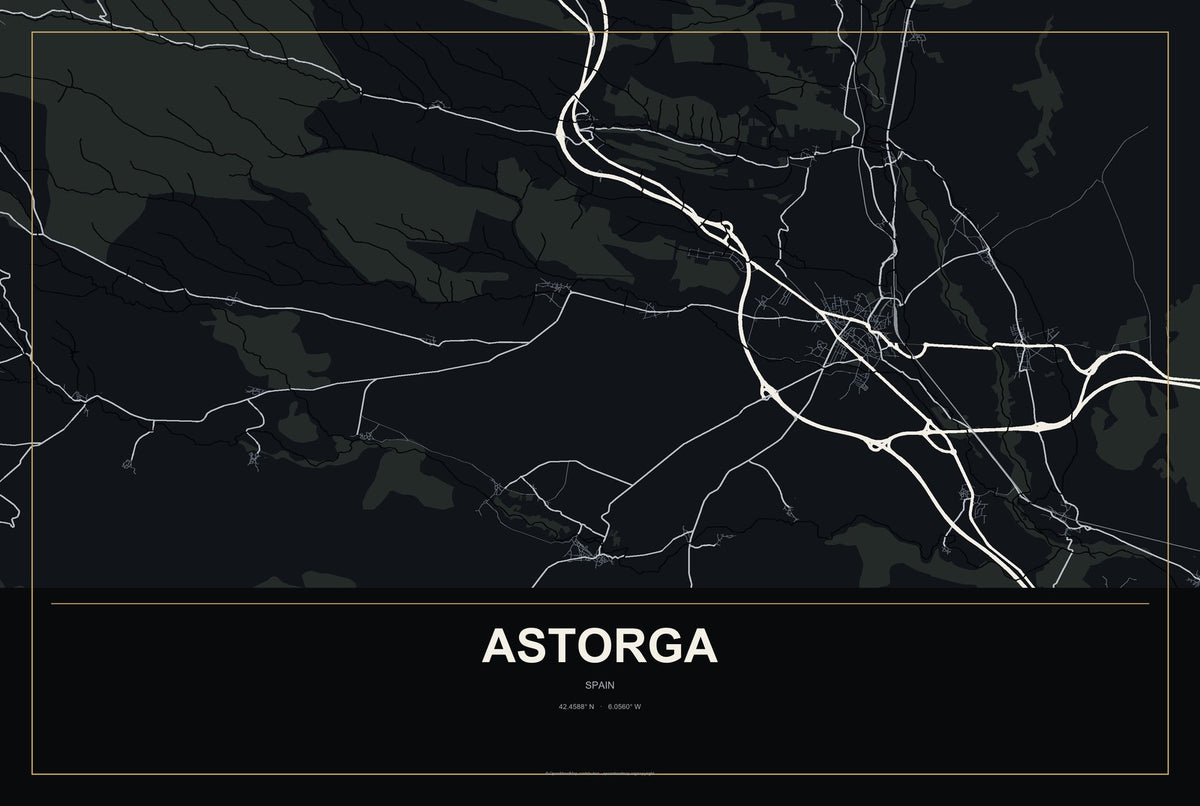 Astorga, Spain City Map Aluminum Sign in Metropolitan Noir style