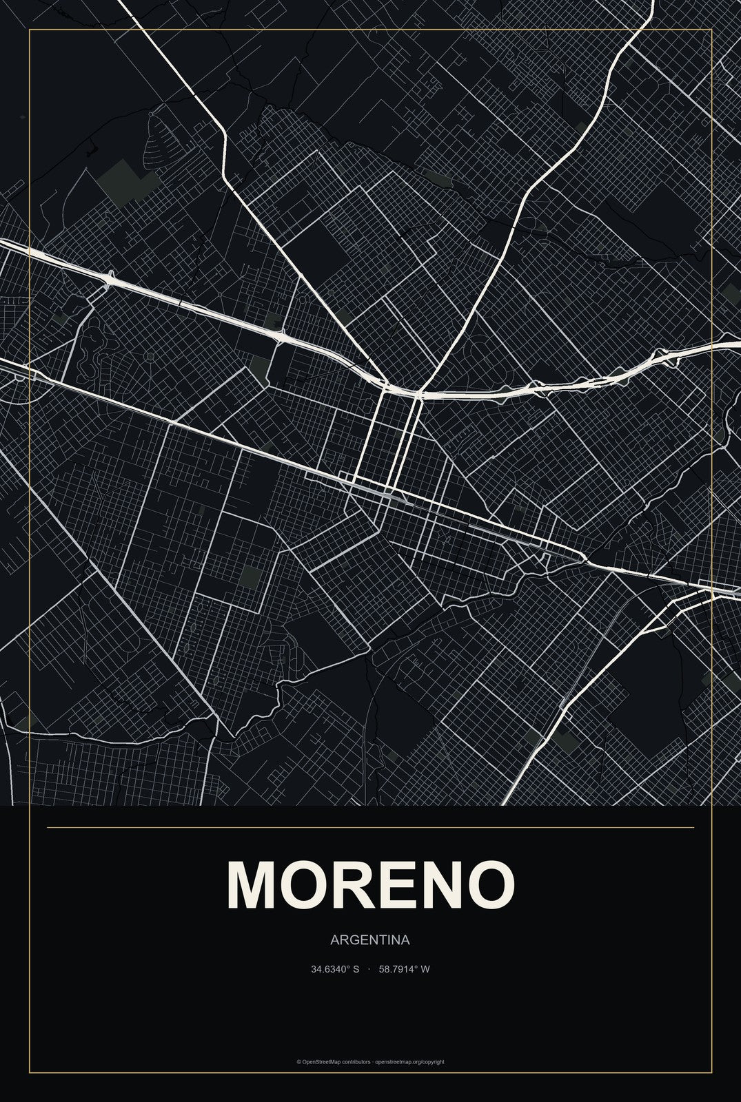 Moreno, Argentina City Map Aluminum Sign in Metropolitan Noir style