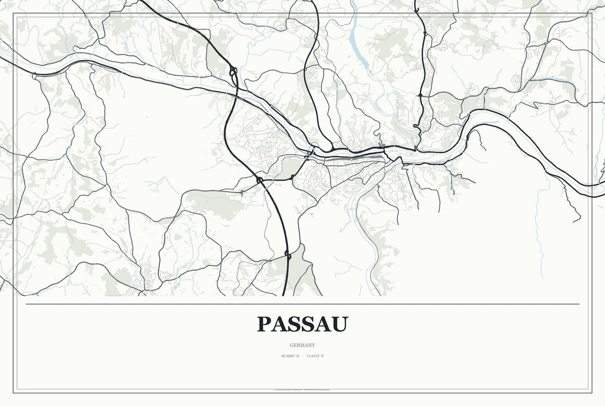 Passau, Germany City Map Aluminum Sign in Gallery Air style