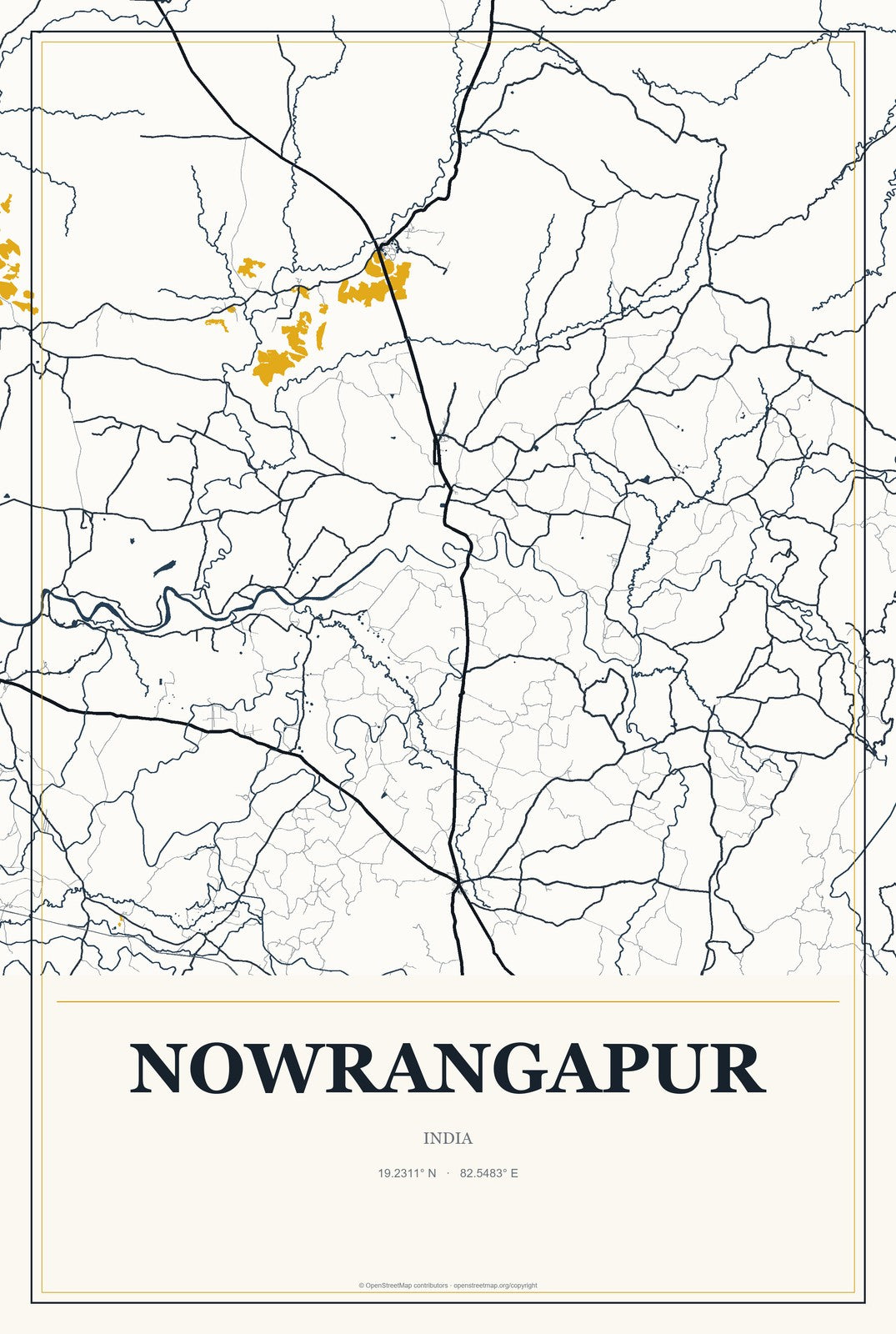 Nowrangapur, India City Map Aluminum Sign in Citrine Modern style