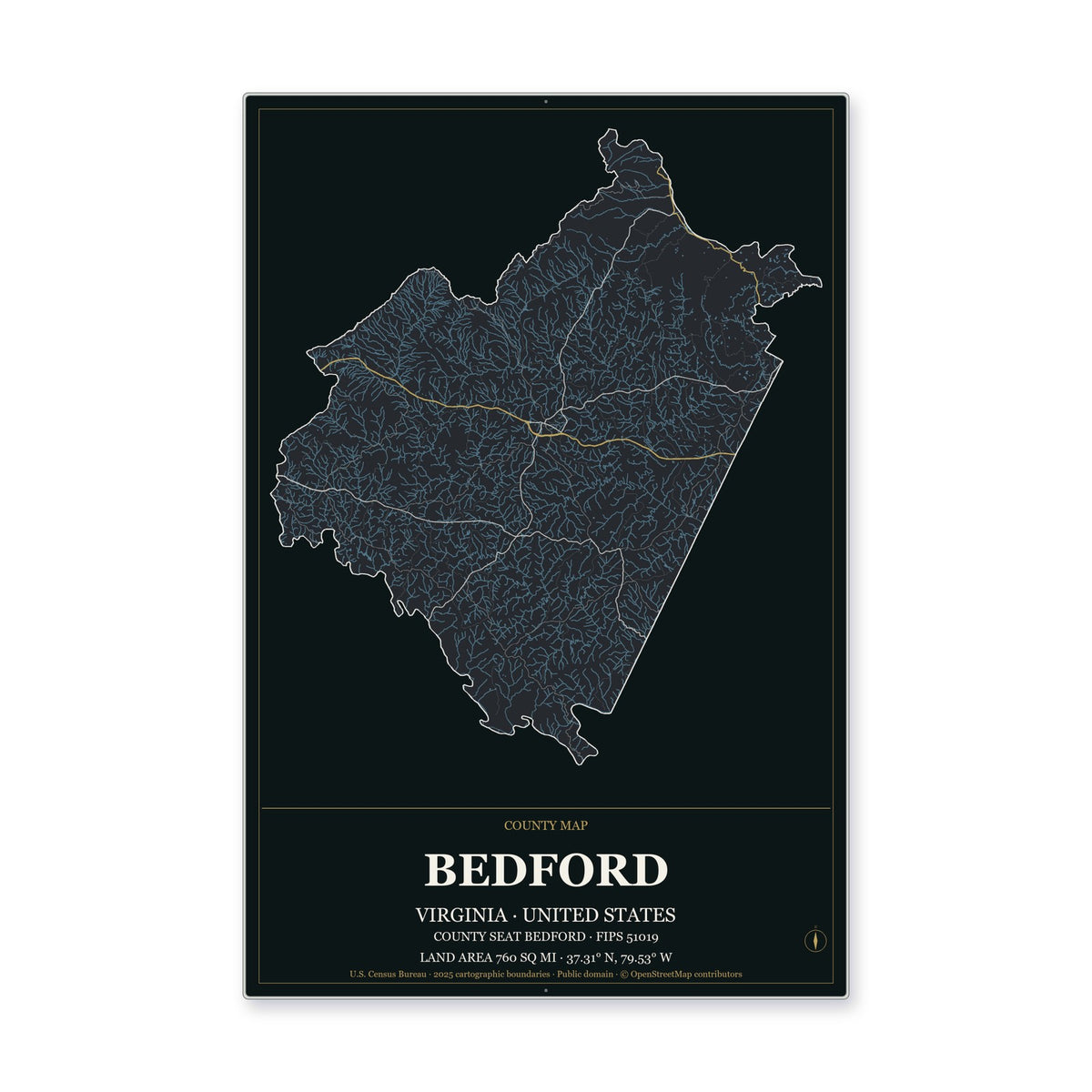 Bedford County, Virginia Map Aluminum Sign in Metropolitan Noir style