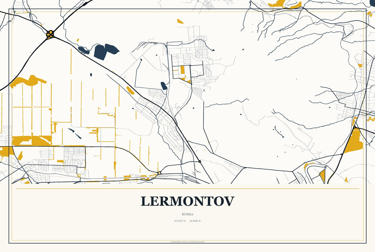 Lermontov, Russia City Map Aluminum Sign in Citrine Modern style